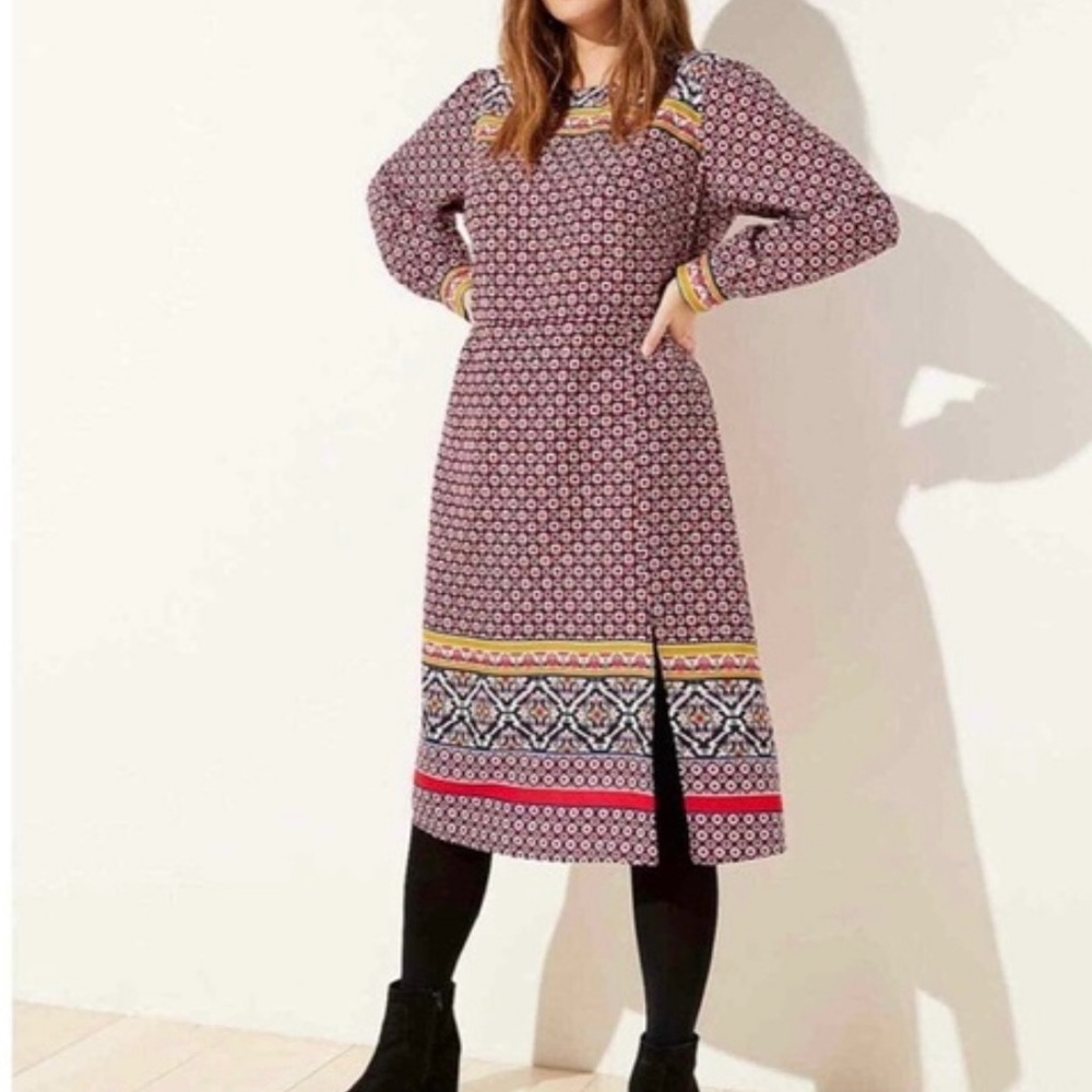LOFT Purple Patterned Midi Dress with Multicolor Border